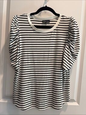 Black & White Striped Ruched Sleeve Top